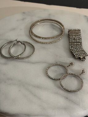 Rhinestone Hoop Earrings & Bracelet Set - Silver Sparkle